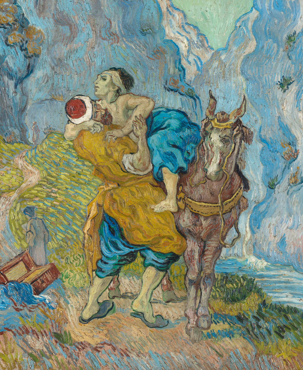 In swirling blue and gold brushwork, a traveller heaves a wounded man onto the back of a horse on a steep road. Two figures walk away in the distance.