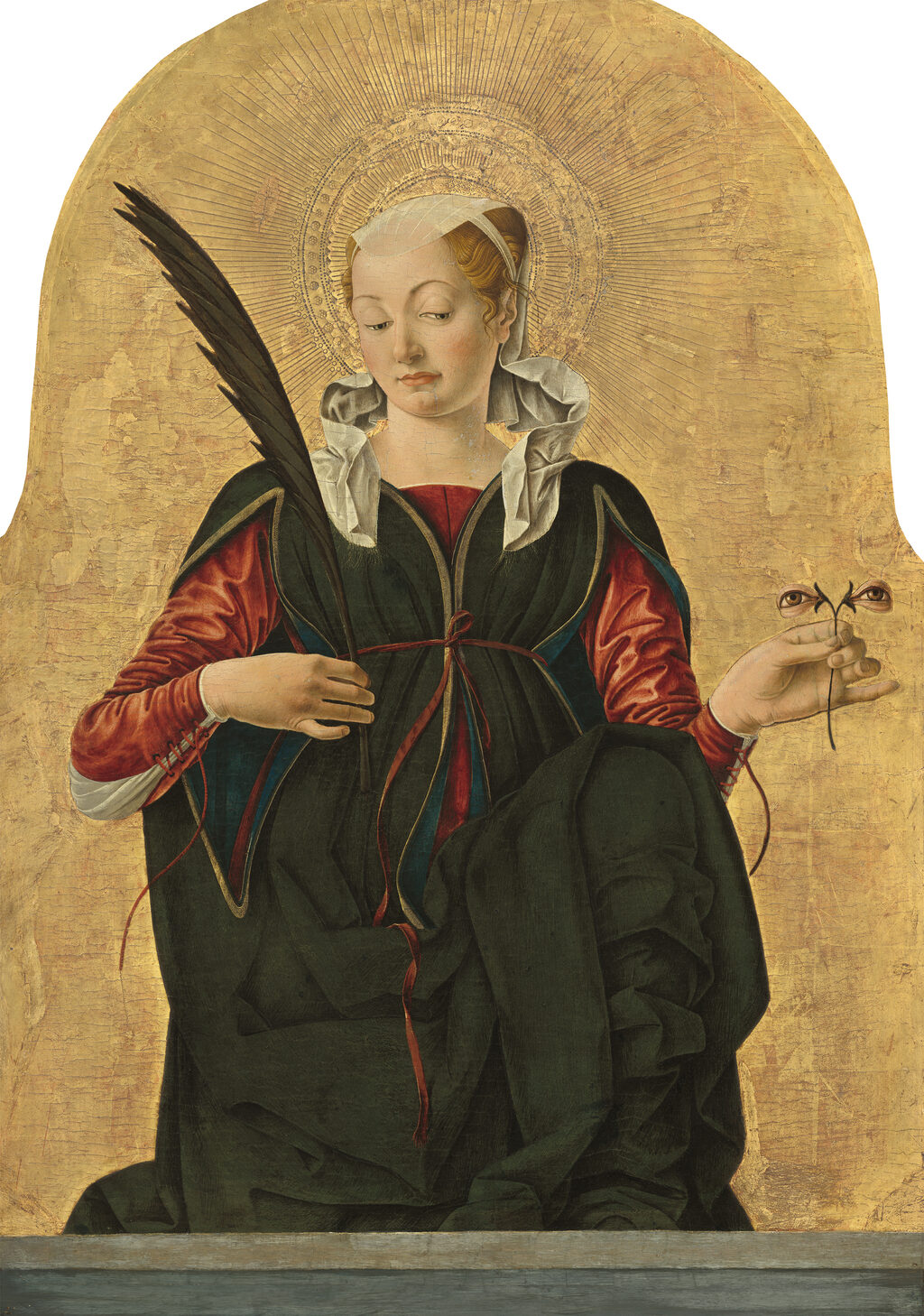 Against a gold ground, Saint Lucy stands holding a martyr's palm in one hand and, in the other, a slender stem from which two eyes grow like flowers.