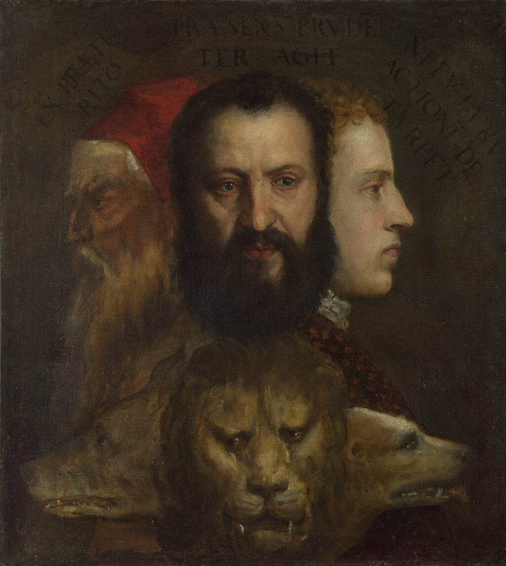 Three human heads share one body: an old man in profile, a bearded man facing forward, a young man in profile the other way. Below them, three animal heads.