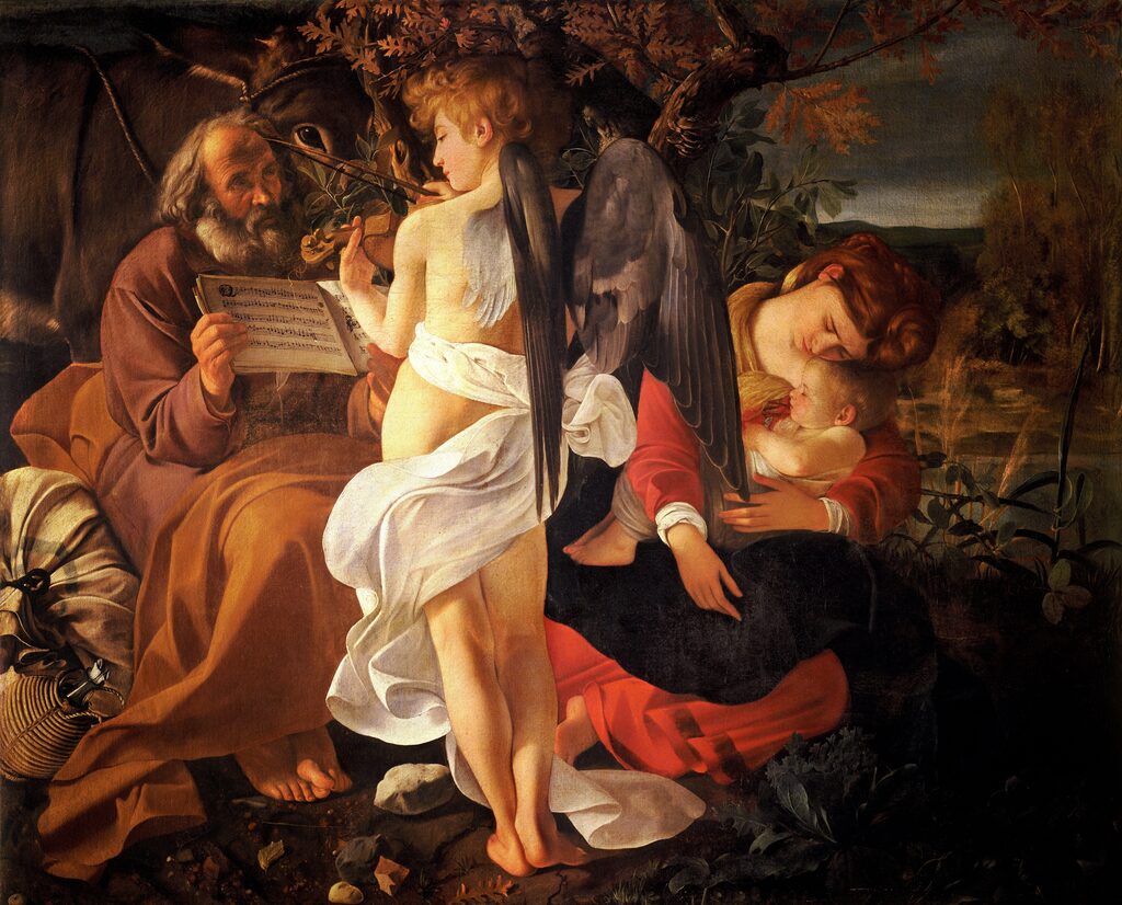 An angel stands playing a violin between Joseph, who holds up the music for him, and Mary, who has fallen asleep with the child in her arms.