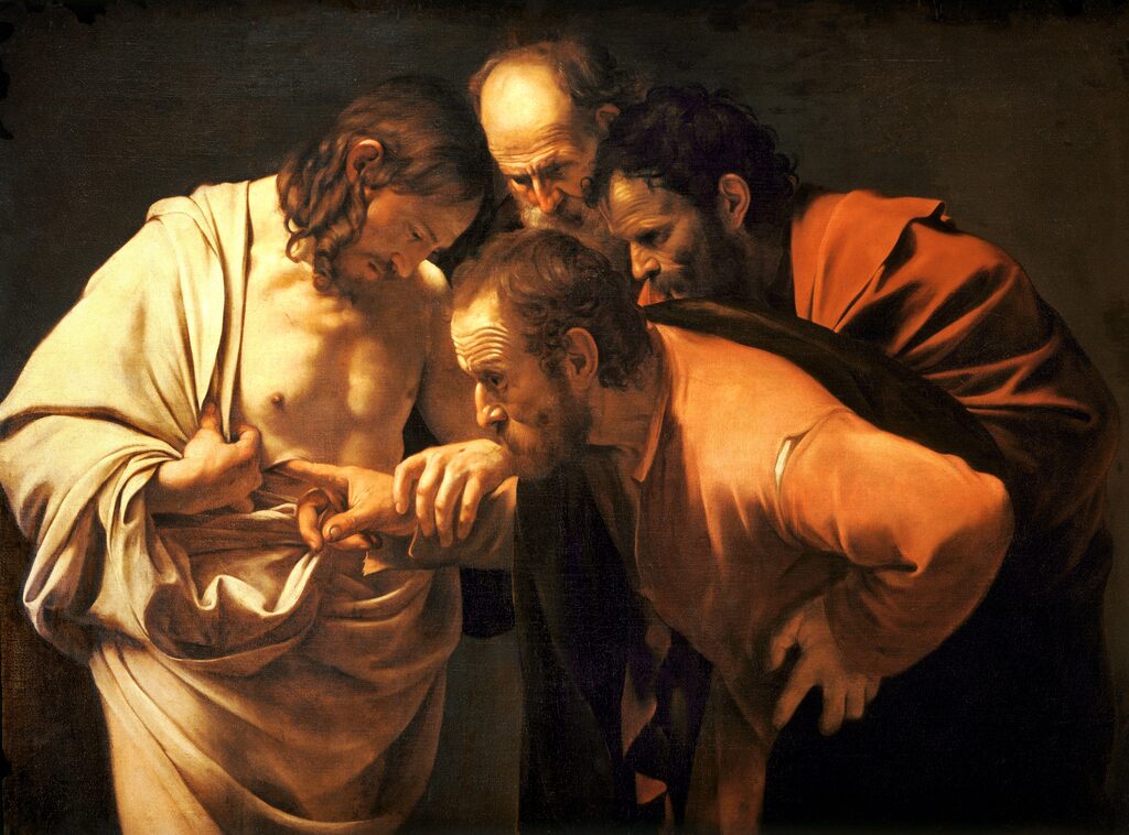 Christ guides the hand of Thomas, whose finger enters the wound in his side, while two other apostles lean in close to watch.